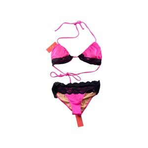 NWT Doll & Co Maui Neon Pink Black Lace Banded Classic Bikini Top Bottom Set SM